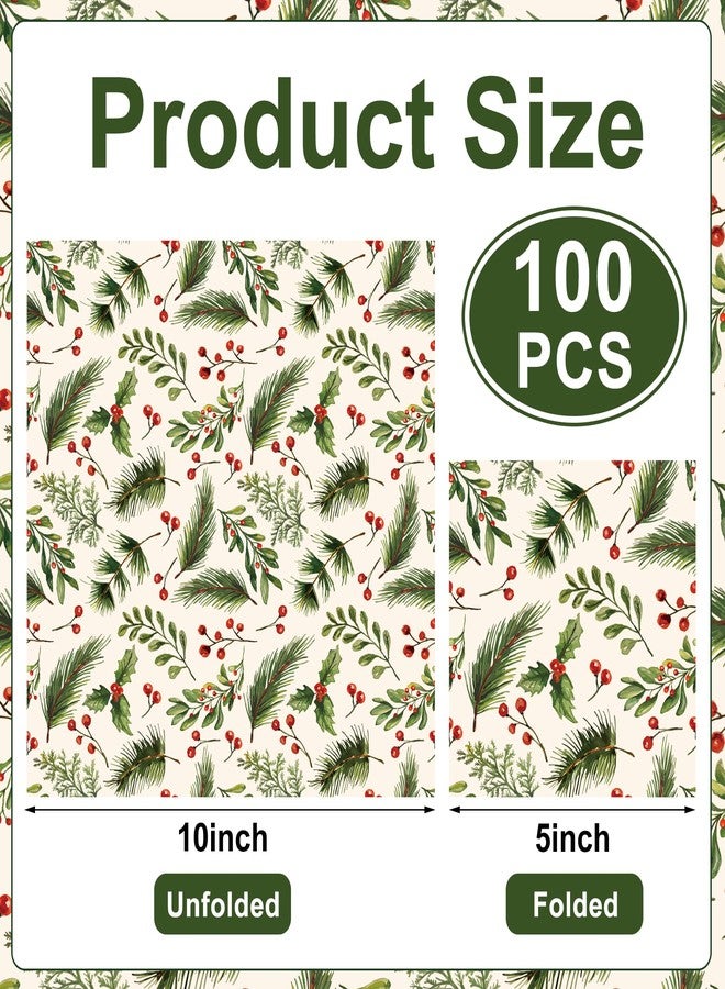 peony man 100PCS Christmas Holly Cocktail Napkins 5" X 5" Holly Berries and Pine Paper Napkins Xmas 3-Ply Disposable Beverage Napkins for Holiday Christmas Events Dining Kitchen Tableware Party Supplies - Image 2